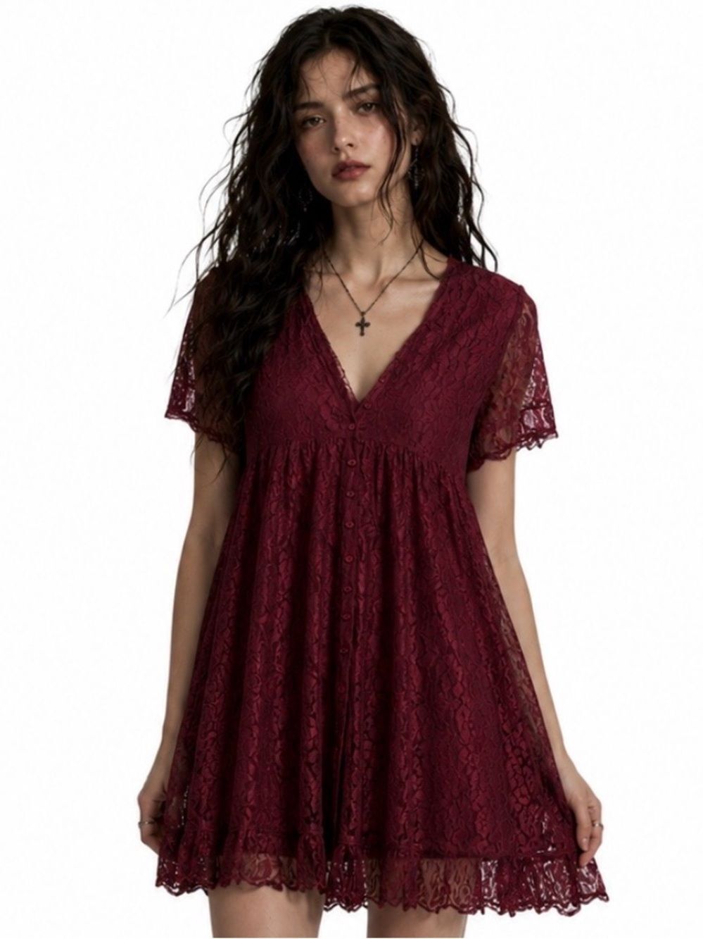 NWT VINTAGE 90's Y2K Dark Romantic Badydoll Lace V-Neck Mini Dress Size Small